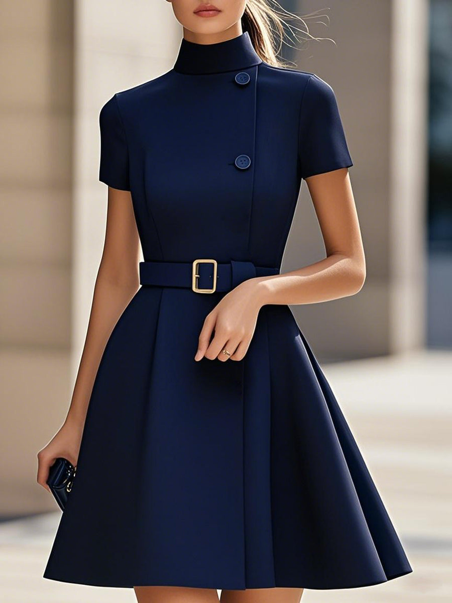 Elegant Black High-Neck Belted Sheath - Midi Dress