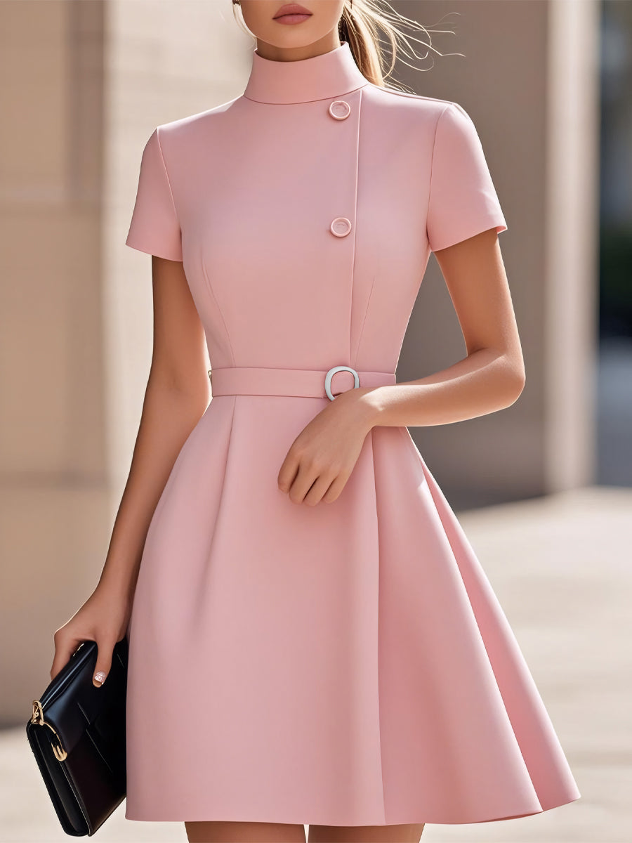 Elegant Black High-Neck Belted Sheath - Midi Dress