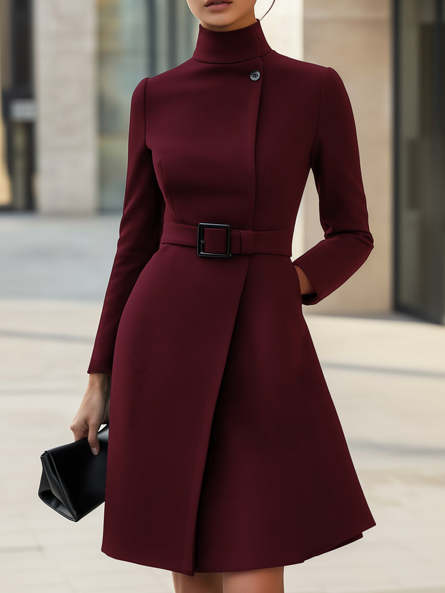 Black High-Neck Asymmetric Hem Belted A-Line - Midi Dress