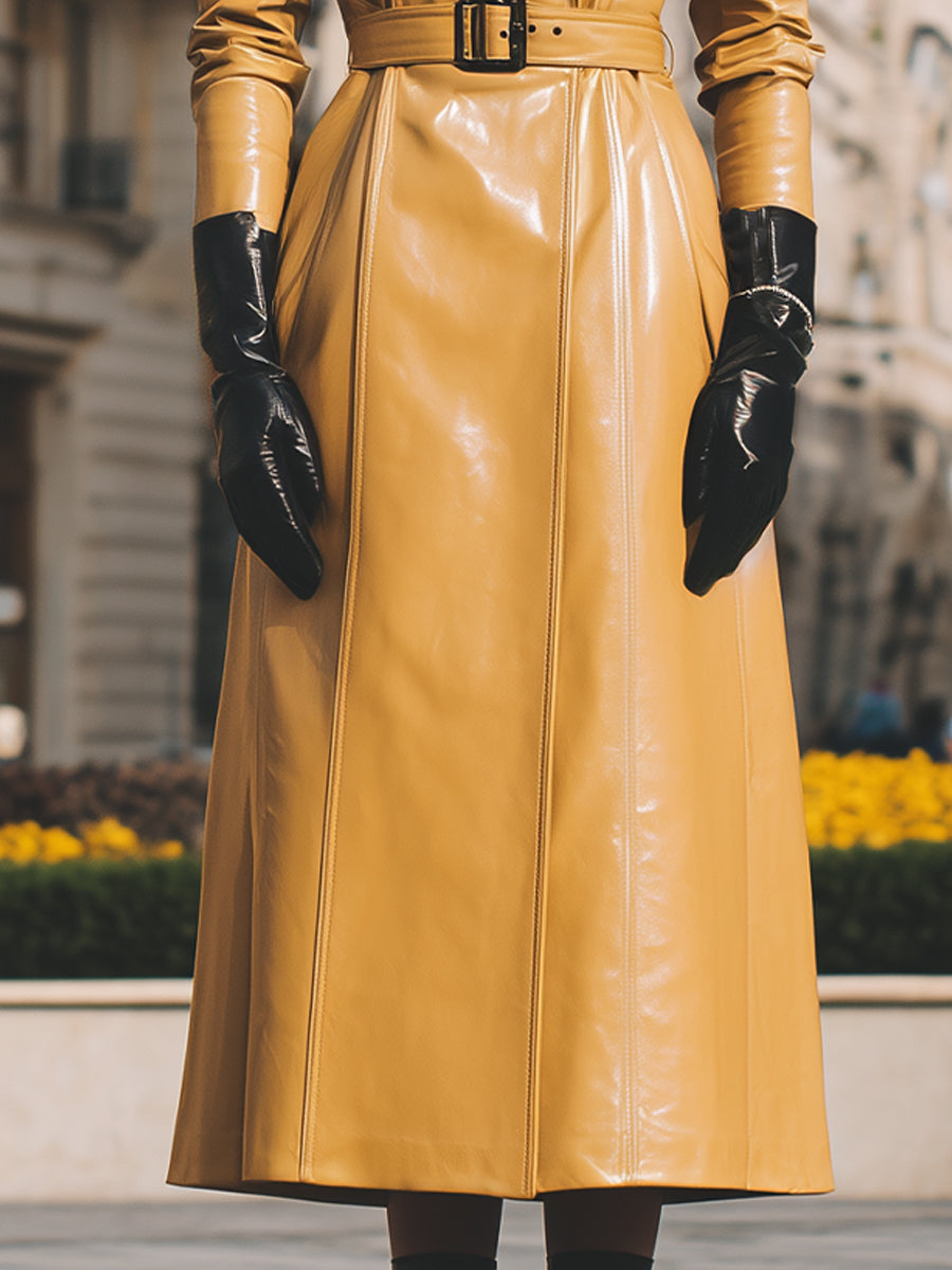 Yellow Faux Leather With Faux Fur Collar - Women's Coat