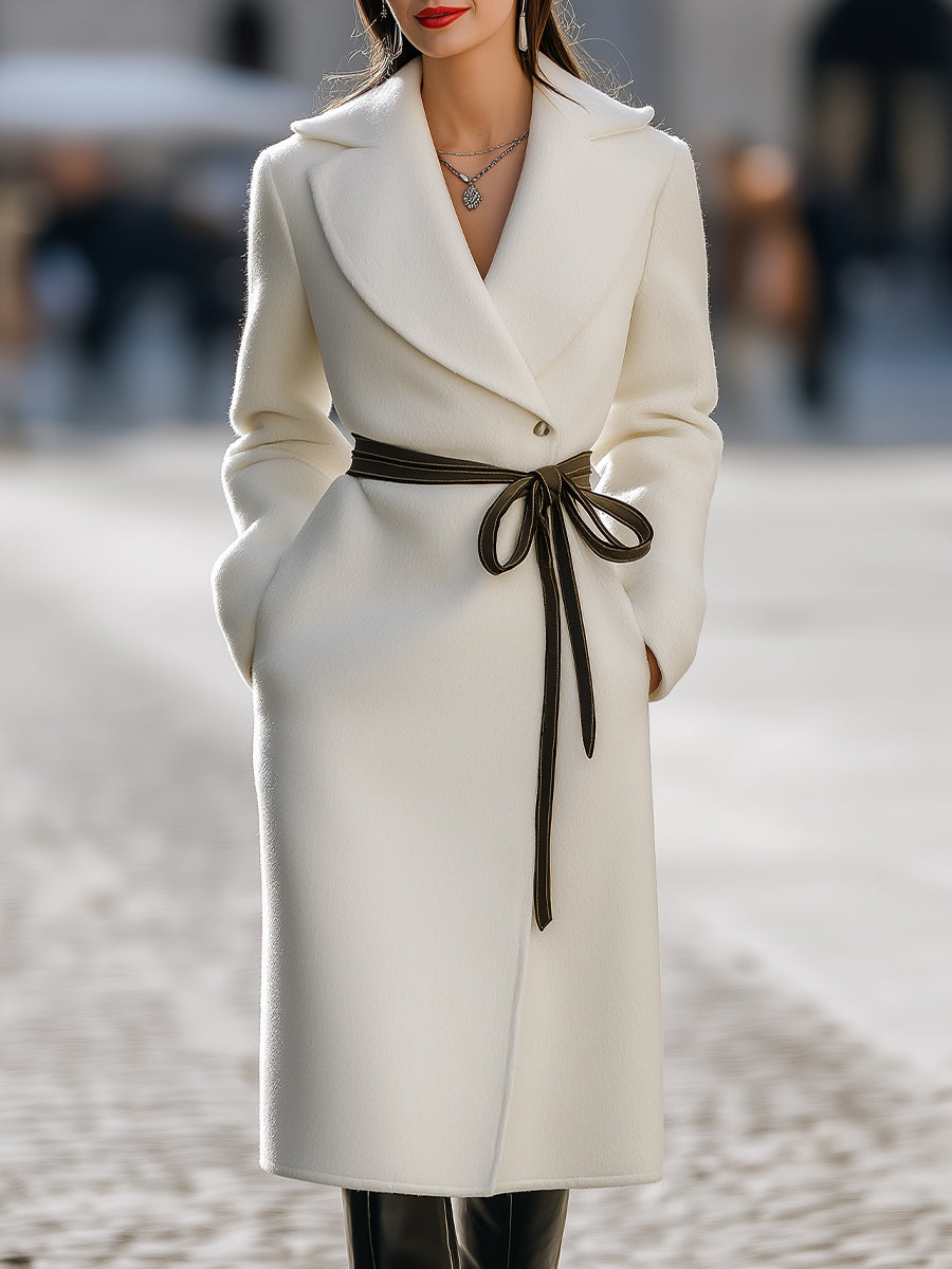 Ivory Wool-Blend Contrast Tie-Belt Longline - Coat