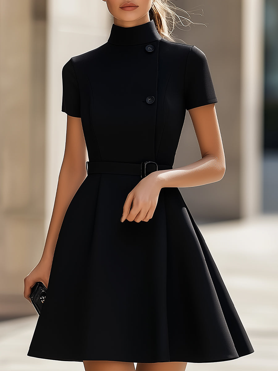 Elegant Black High-Neck Belted Sheath - Midi Dress