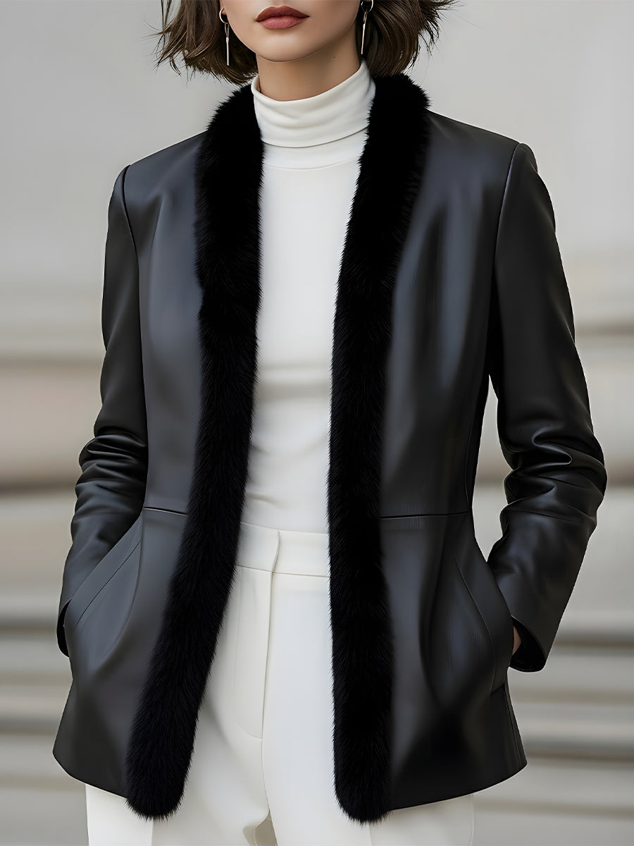 Women's Faux Leather Fur-Trimmed Tailored Fit - Blazer