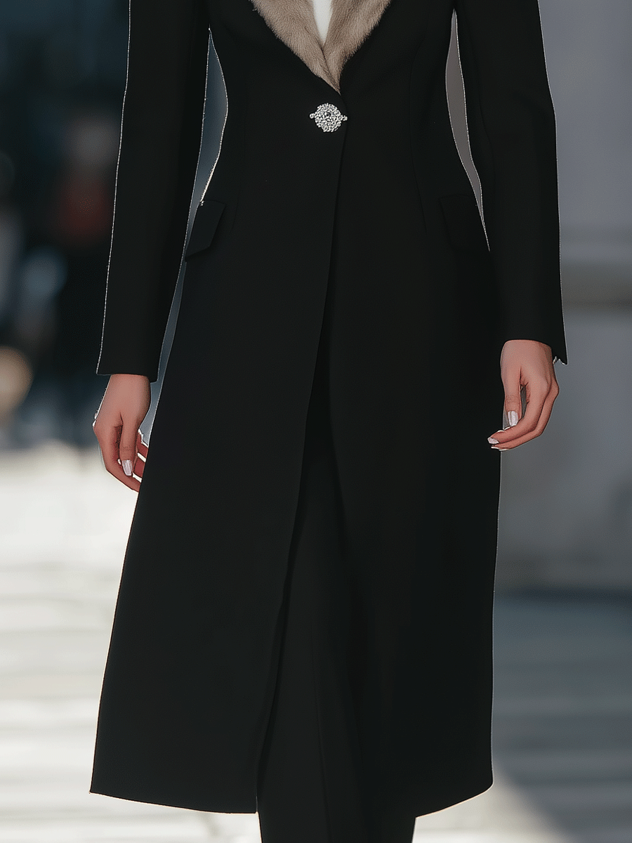 Black Longline Coat With Faux Fur Shawl Collar & Crystal Brooch Closure - Longline Coat