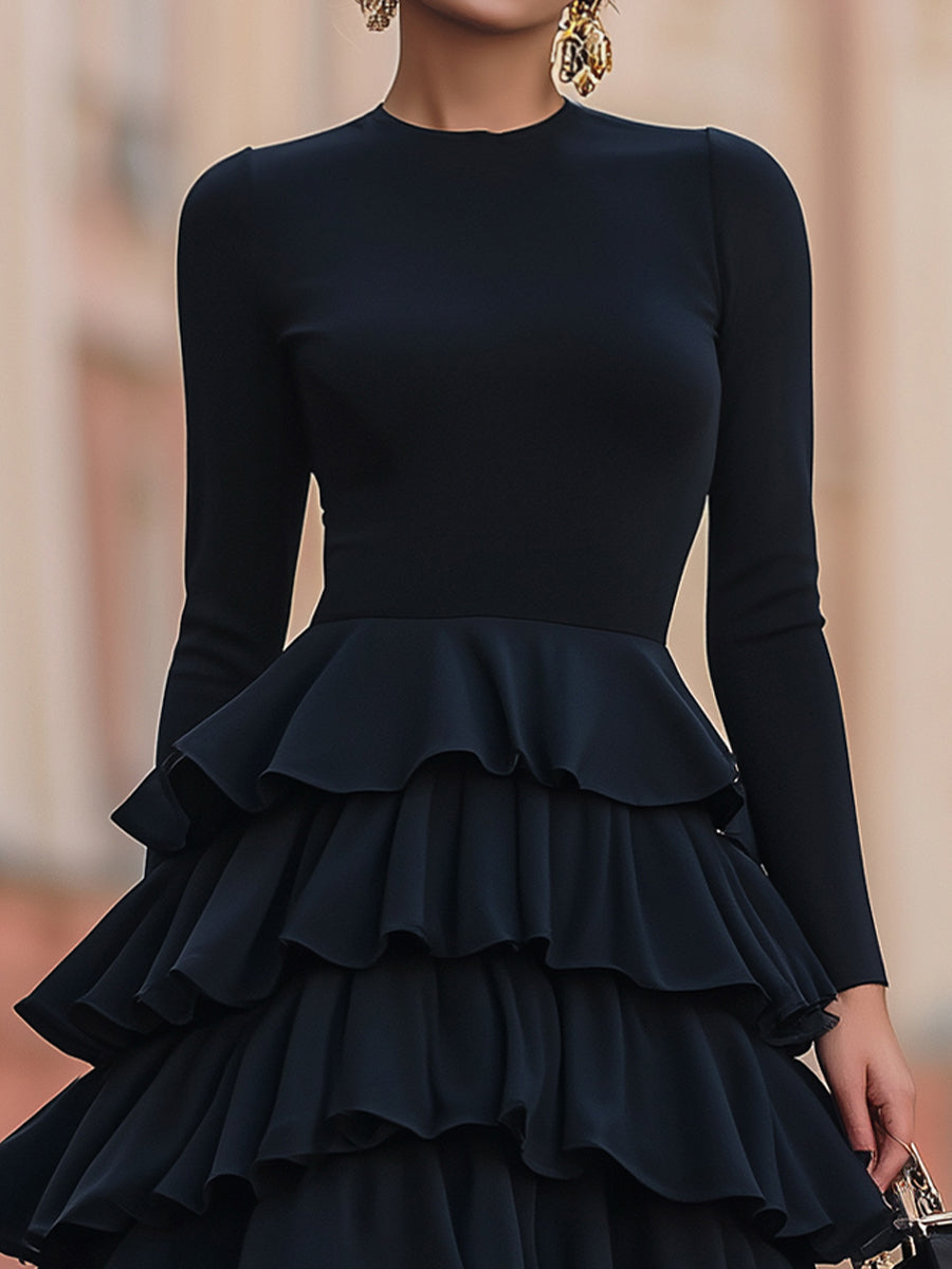 Ruffled Tiered Black Party Dress - Mini Dress