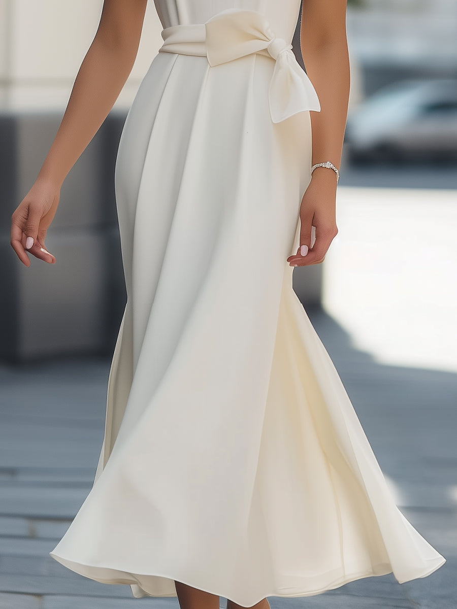Elegant Chiffon Bow-Tie A-Line - Midi Dress