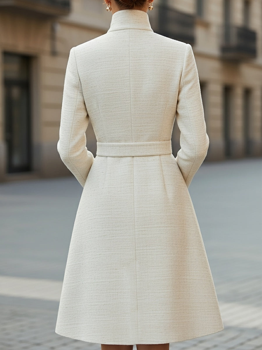 Elegant High-Neck Belted Wool-Blend - Midi Dress