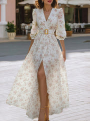 Romantic Floral Chiffon Belted Waist - Maxi Dress