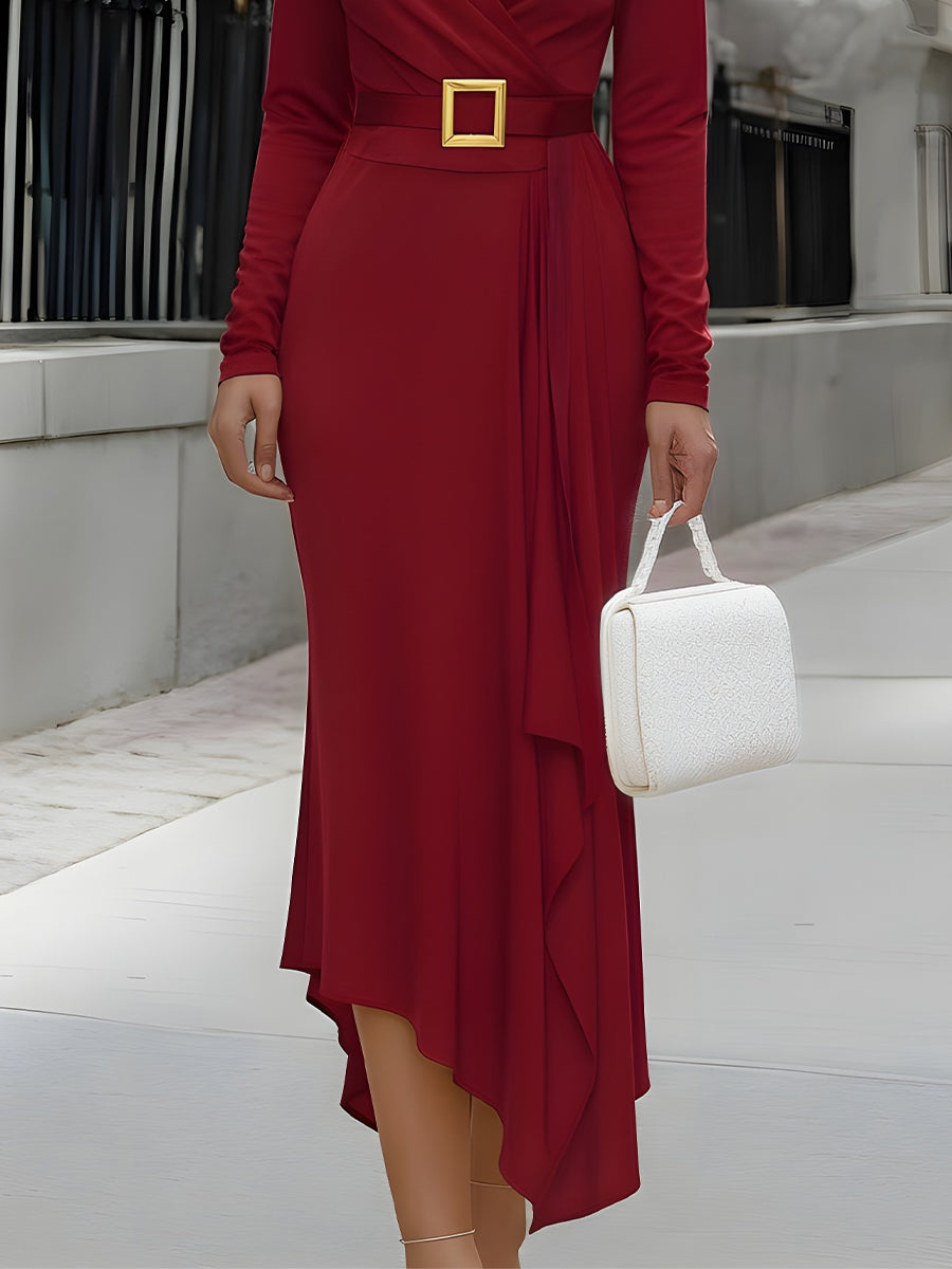 Draped Long Sleeve With Statement Belt - Midi Dress