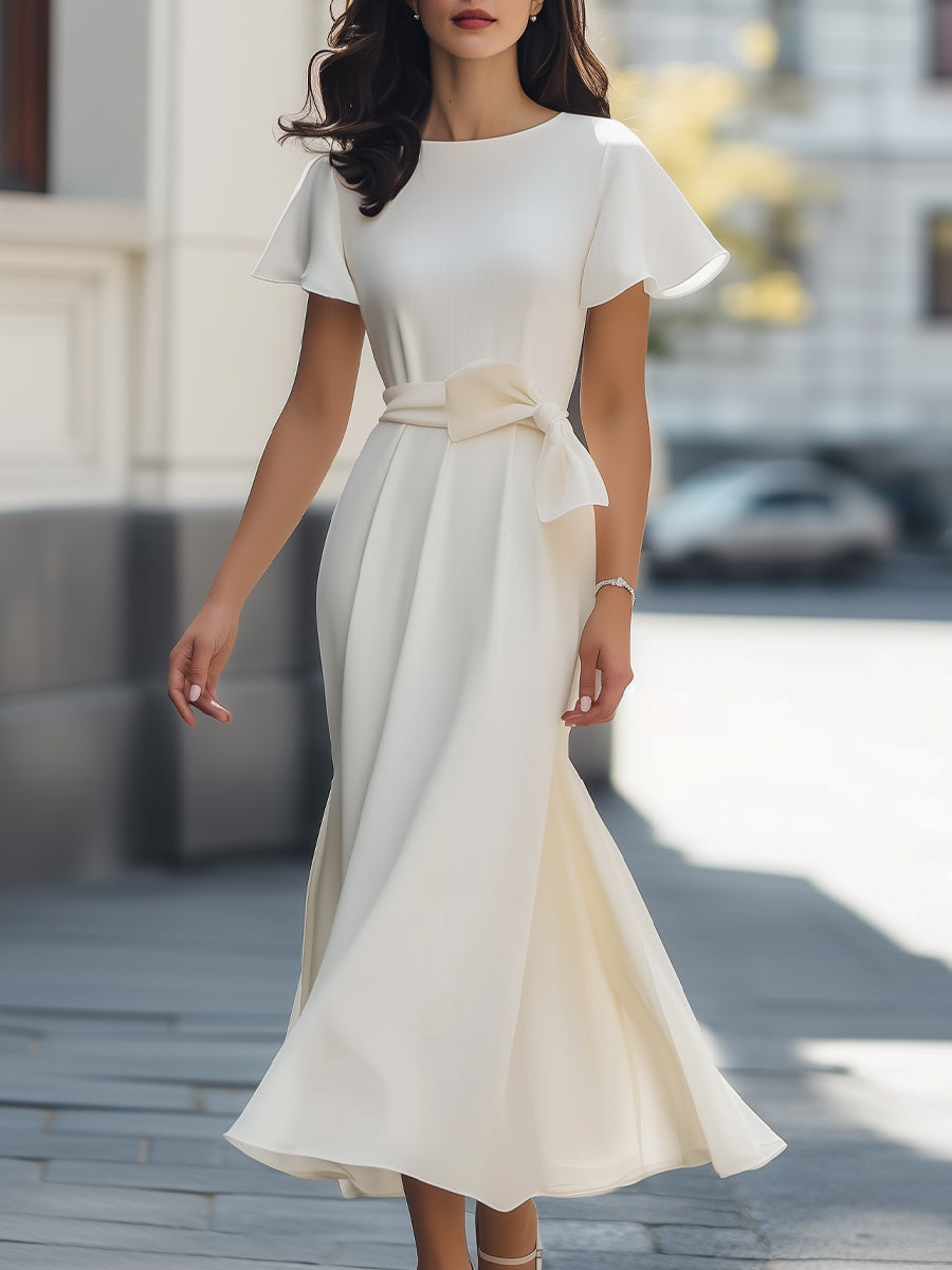 Elegant Chiffon Bow-Tie A-Line - Midi Dress