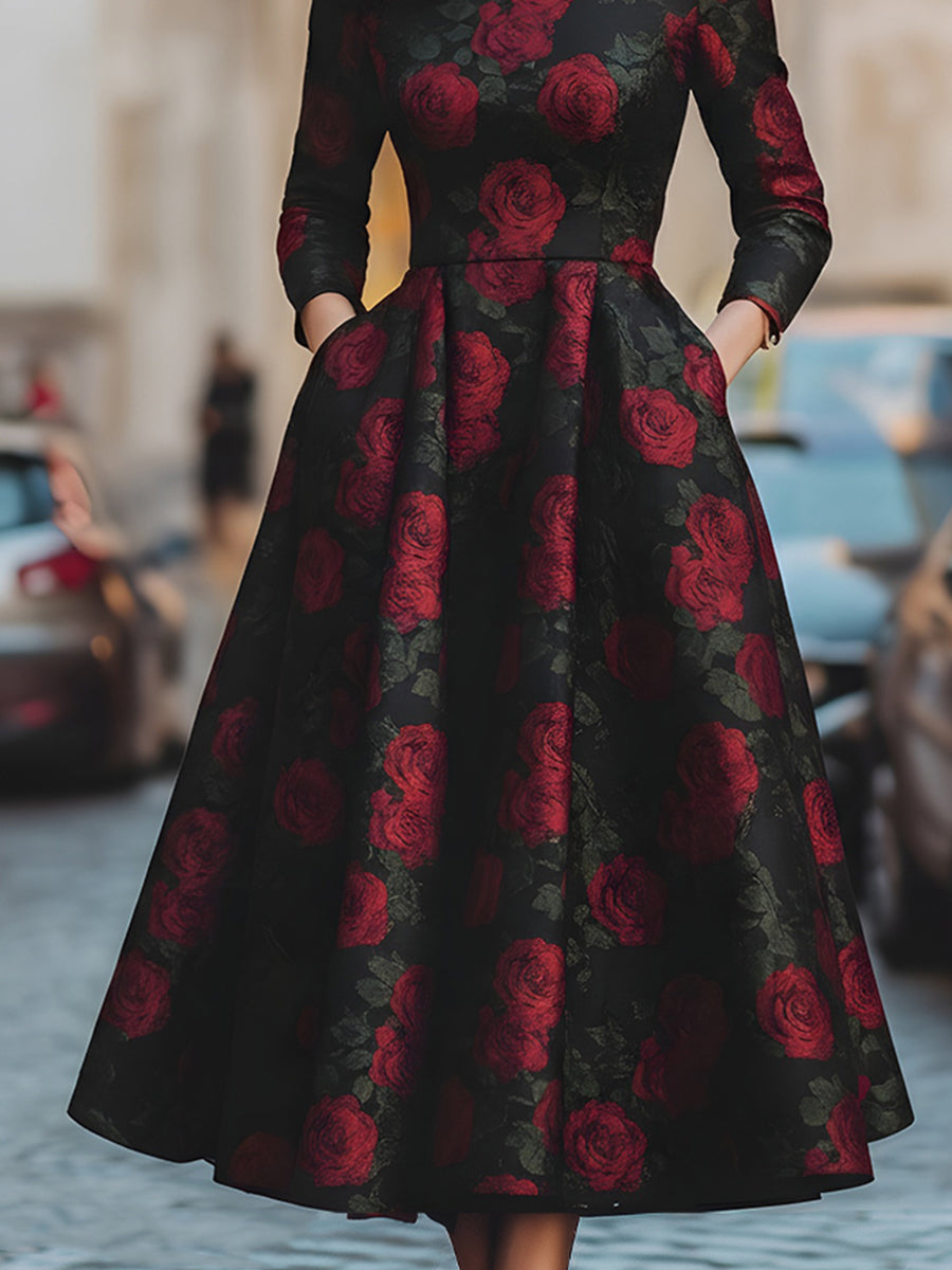 Elegant Jacquard Rose Print A-Line Silhouette - Midi Dress