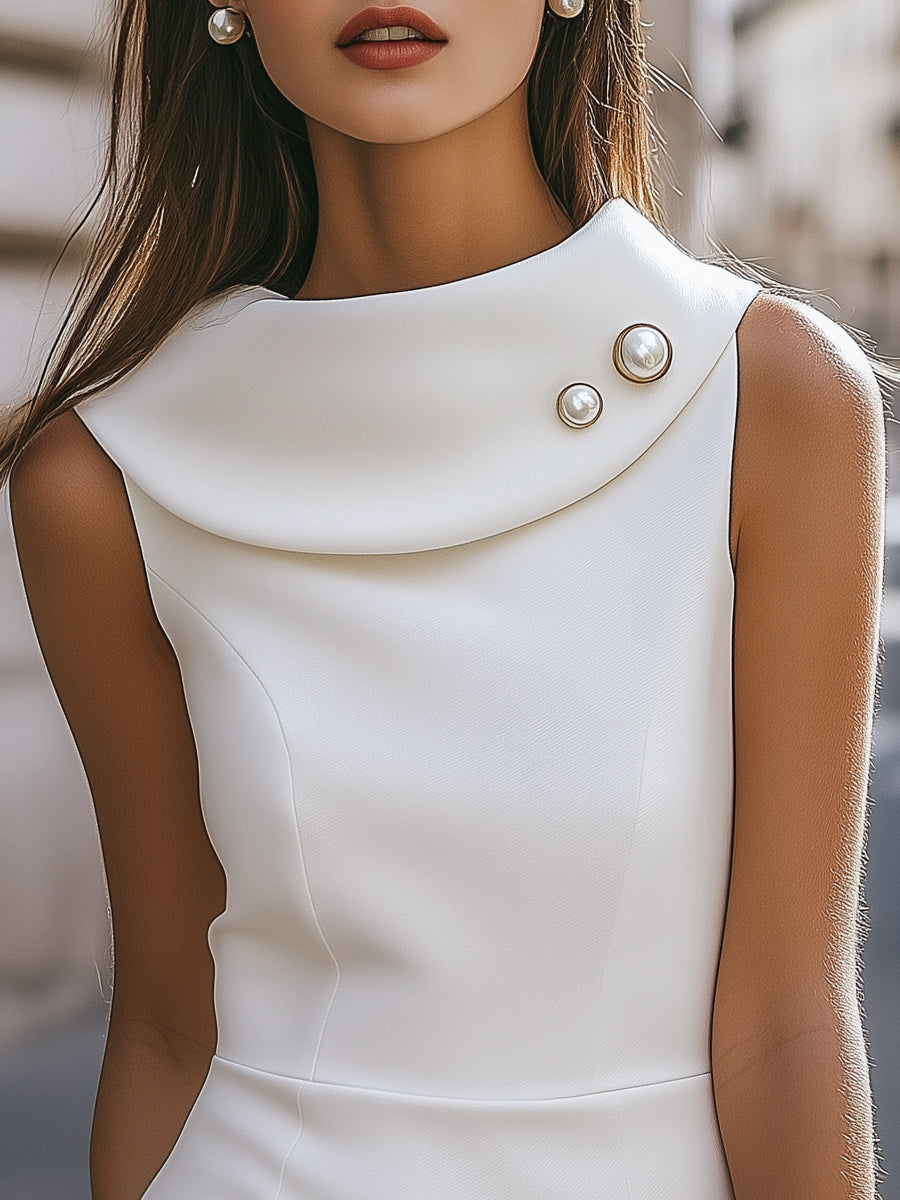 Chic Satin Fold-Over Collar Sleeveless - Midi Dress