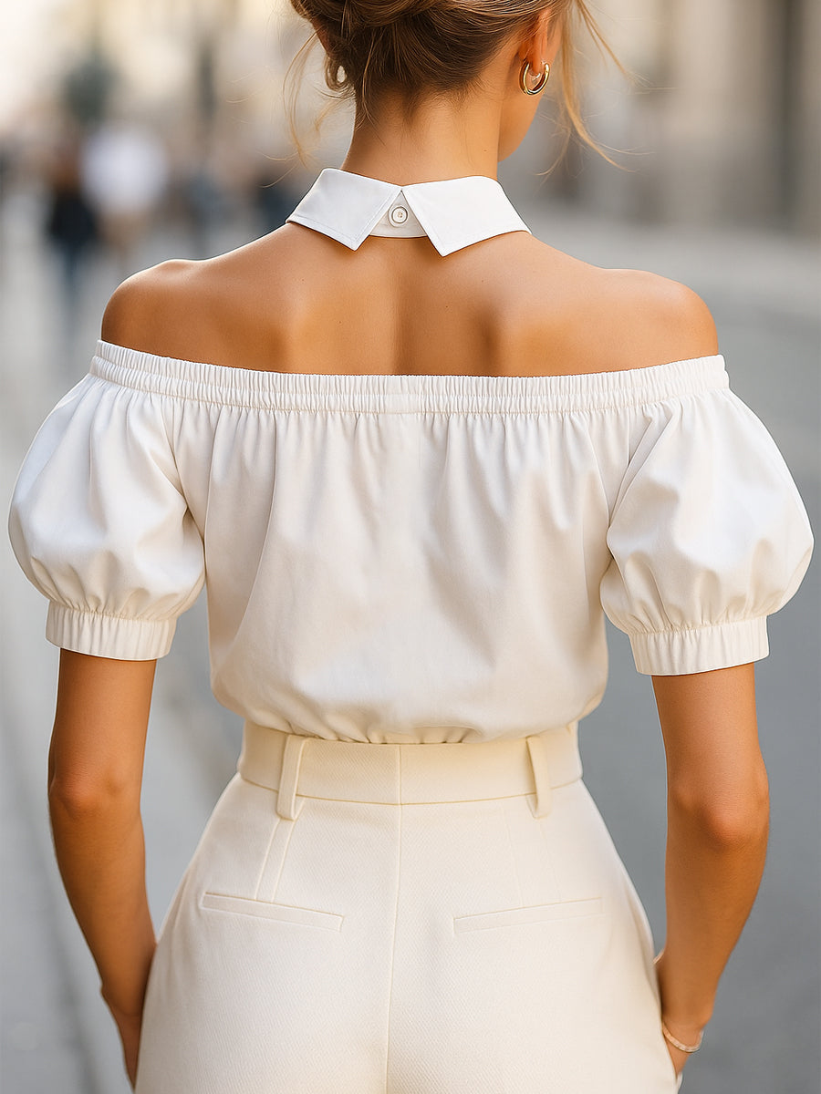 Chic Off-Shoulder Button-Up with Statement Collar - Women's Blouse