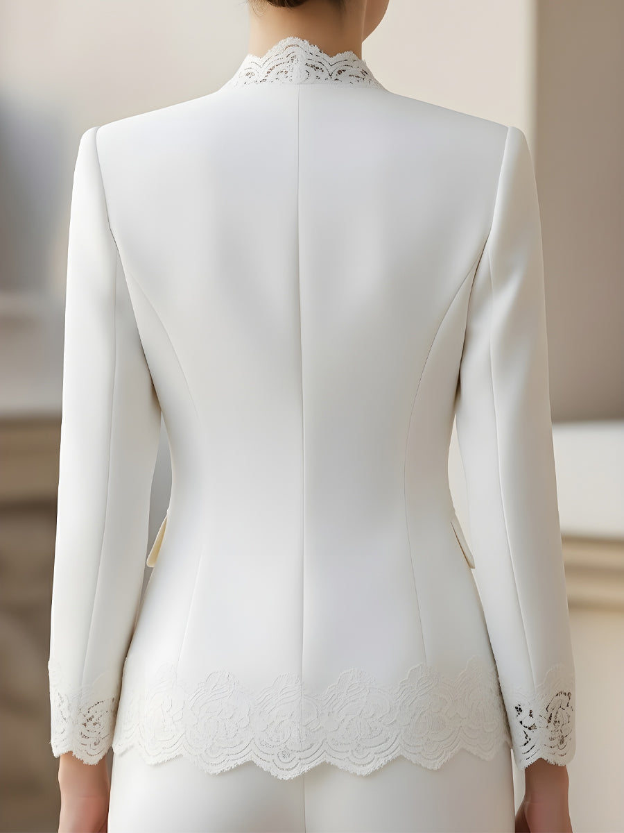 Pearl-Button Lace-Trim Women's Tailored Jacket - Blazer