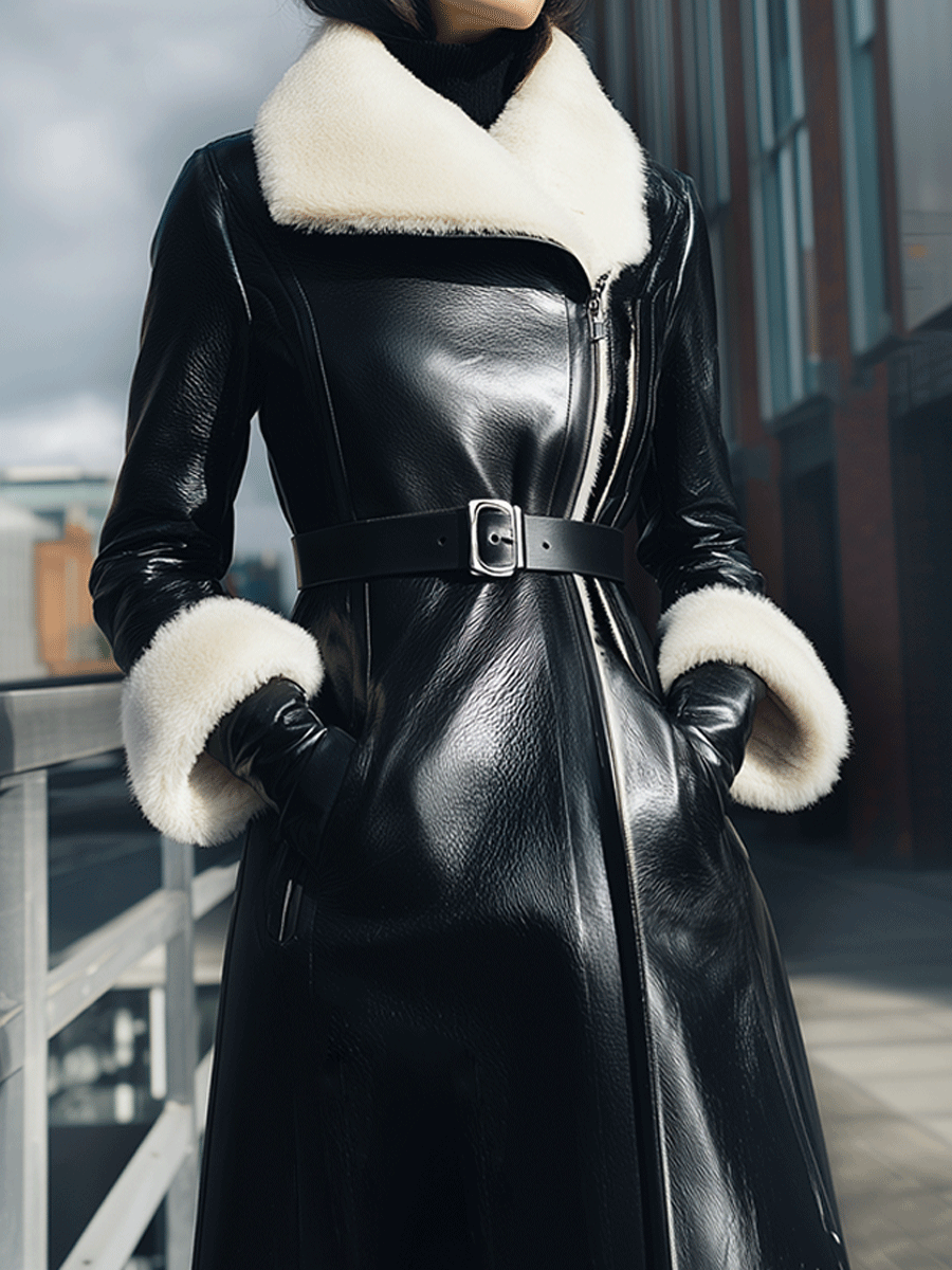 Black Belted Shearling-Collar Coat - Winter Coat
