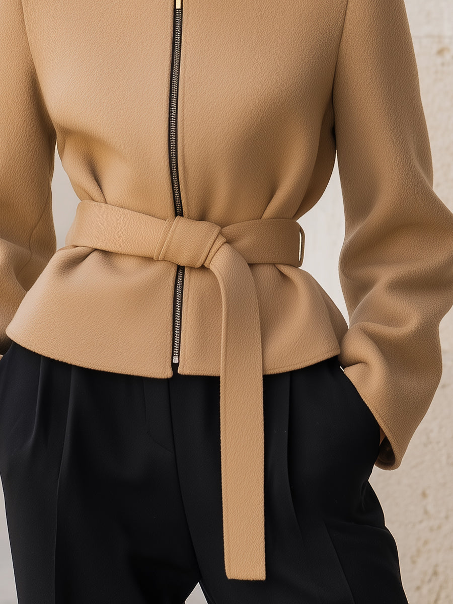 Wool-Blend Belted Zipper Jacket - Short Coat