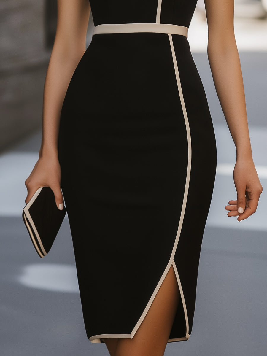 Elegant Accent-Trim Side-Slit Sheath - Midi Dress