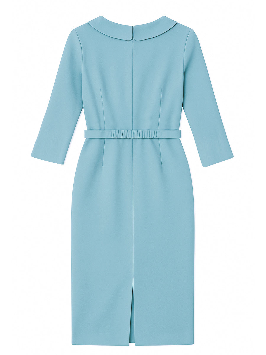 Powder Blue Draped Collar Pencil Cut - Midi Dress