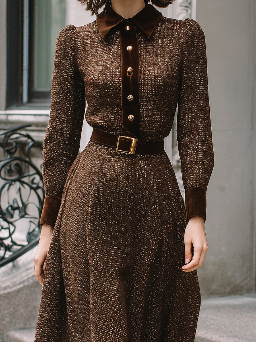 Chocolate Brown Velvet-Trim Belted Silhouette - Midi Dress