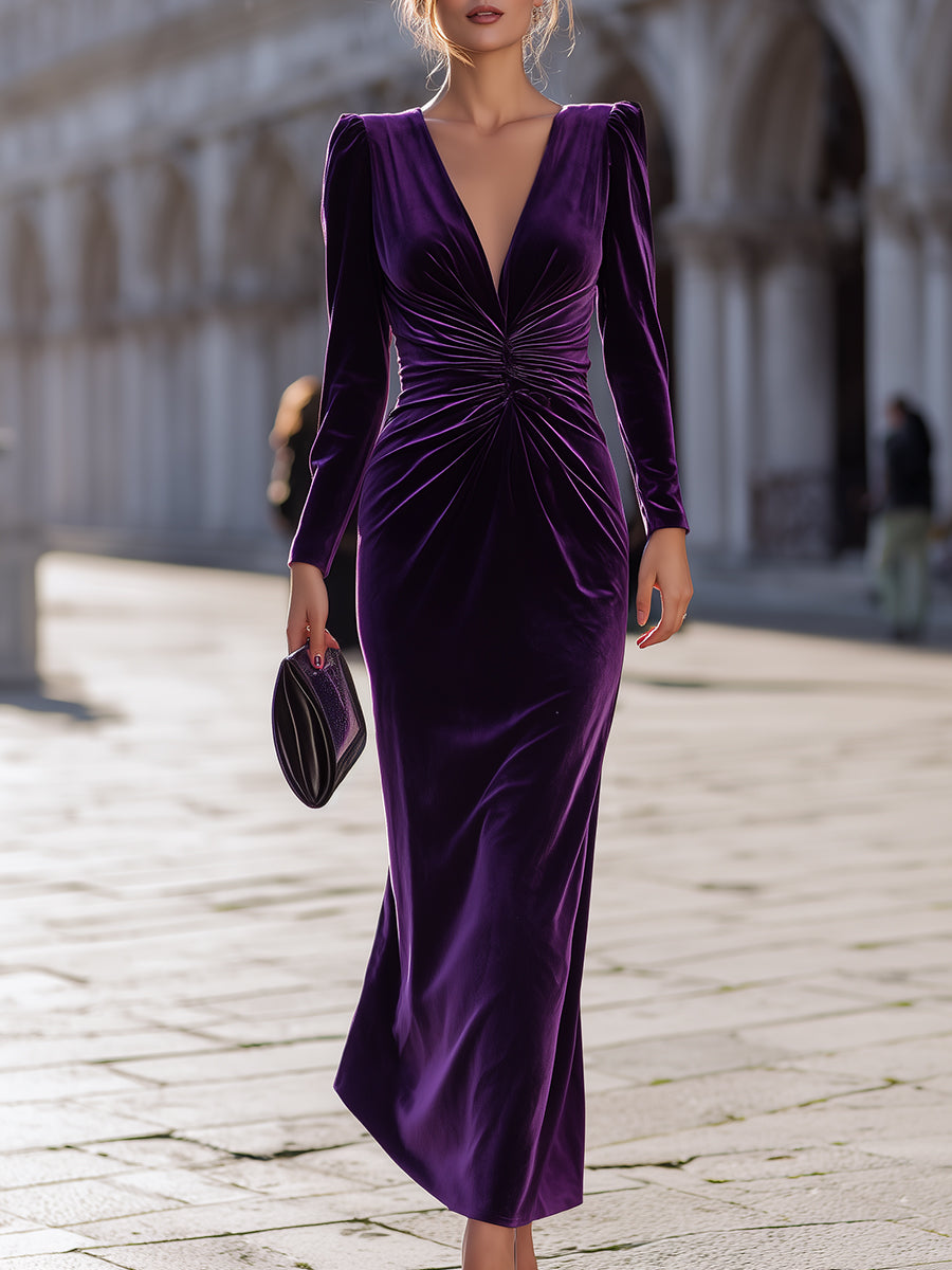 Luxe Purple Velvet Draped Evening Style - Maxi Dress