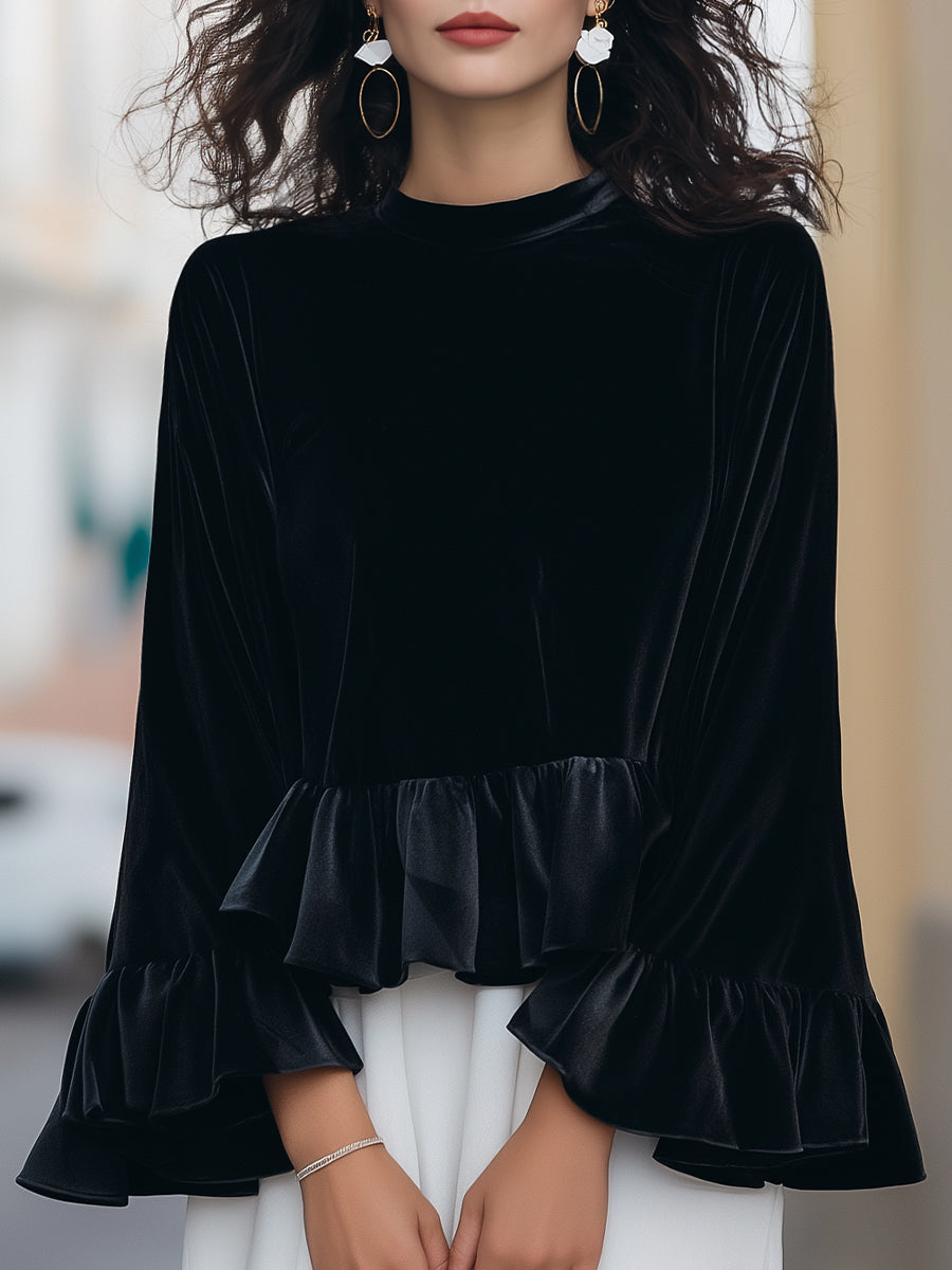 Round Neck Velvet Ruffle-Trim Blouse MLZ