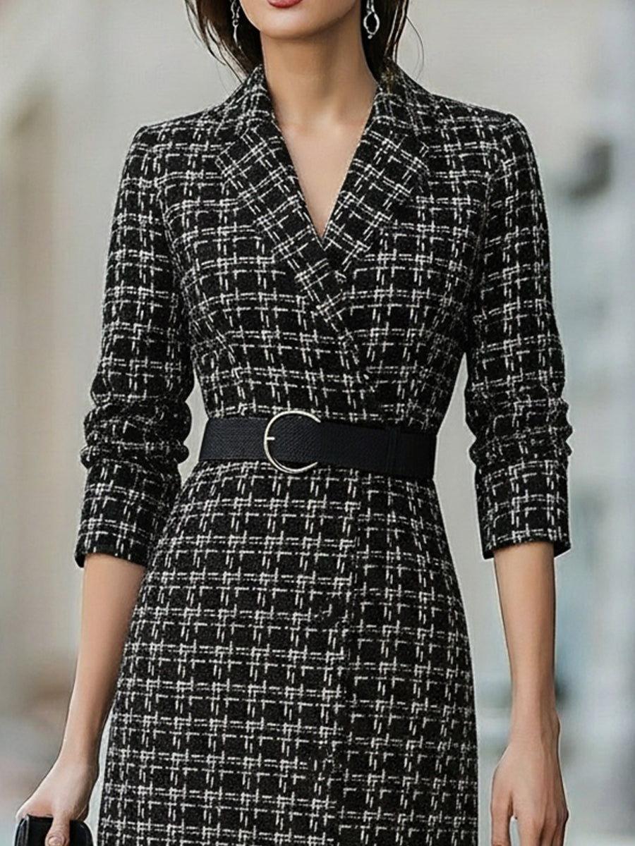 Plaid Tweed Belted Vintage Chic - Midi Dress