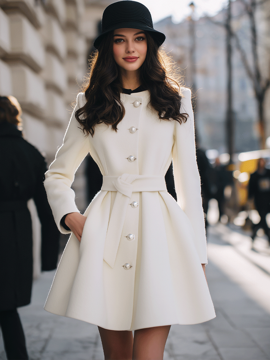 Ivory Pearl-Button Short Coat With Waist Tie - Coat