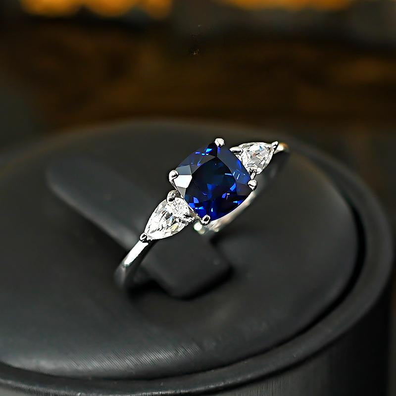Three Stone Blue Cushion Cut Sterling Silver Ring Carly Jewelry