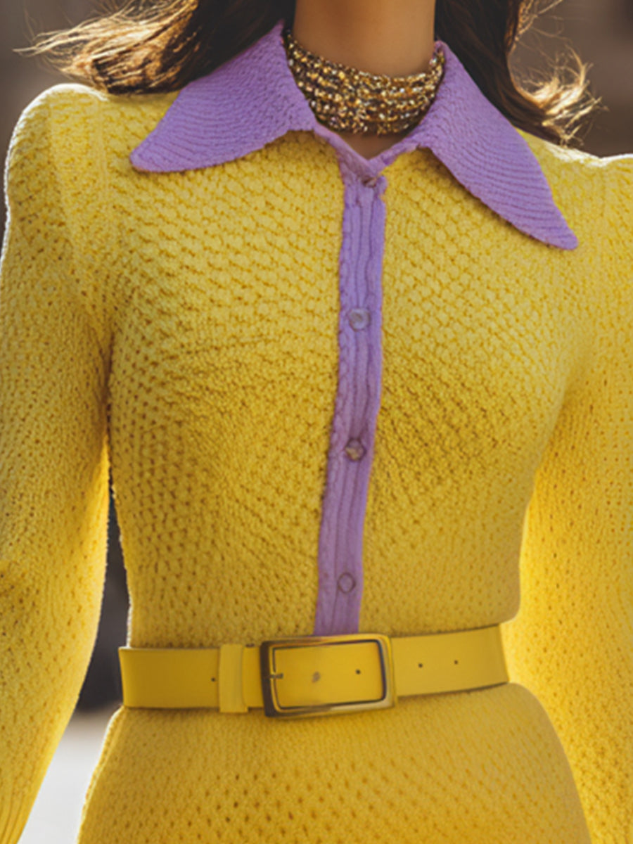 Elegant Colorblock Belted Knit - Midi Dress