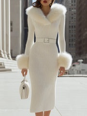 Luxurious White Faux Fur-Trim Ribbed Knit - Midi Dress