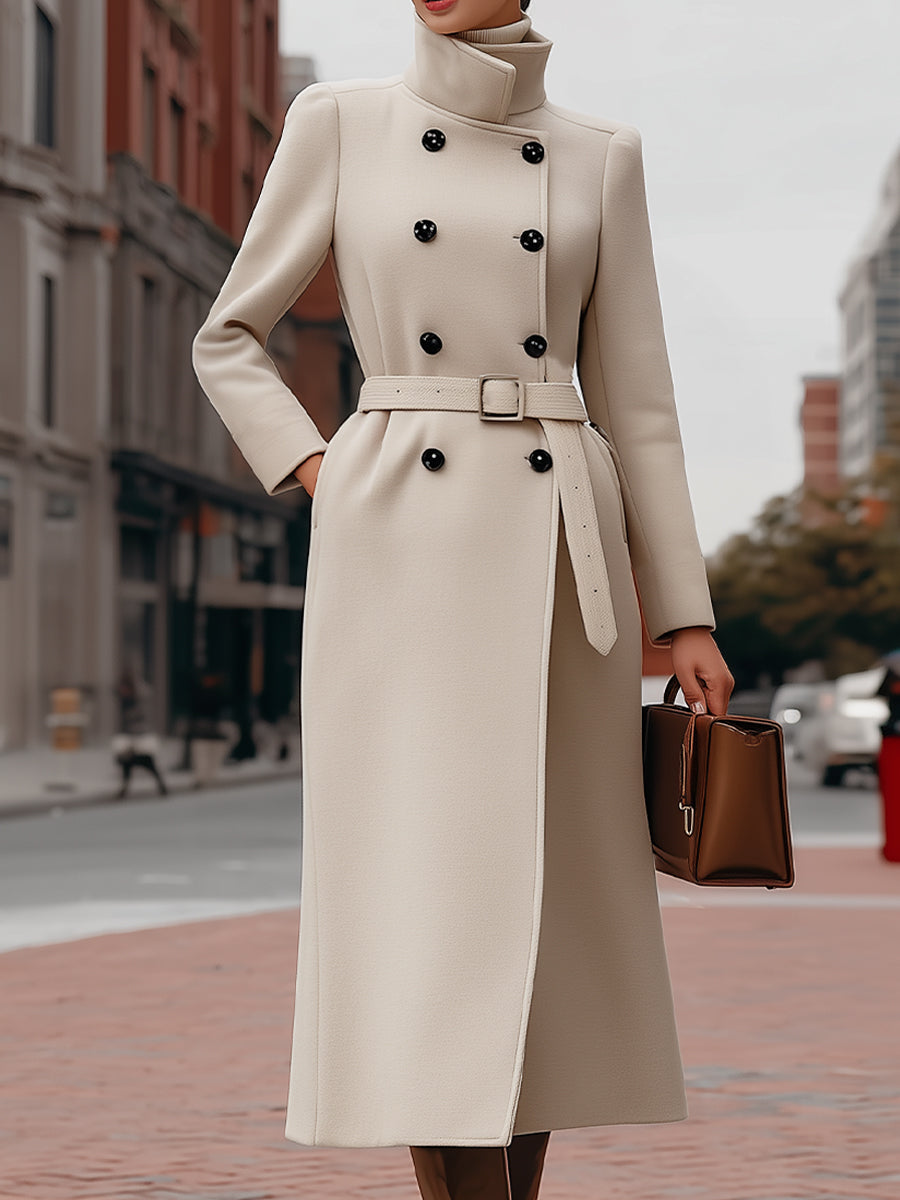 Elegant Beige Double-Breasted Belted - Coat