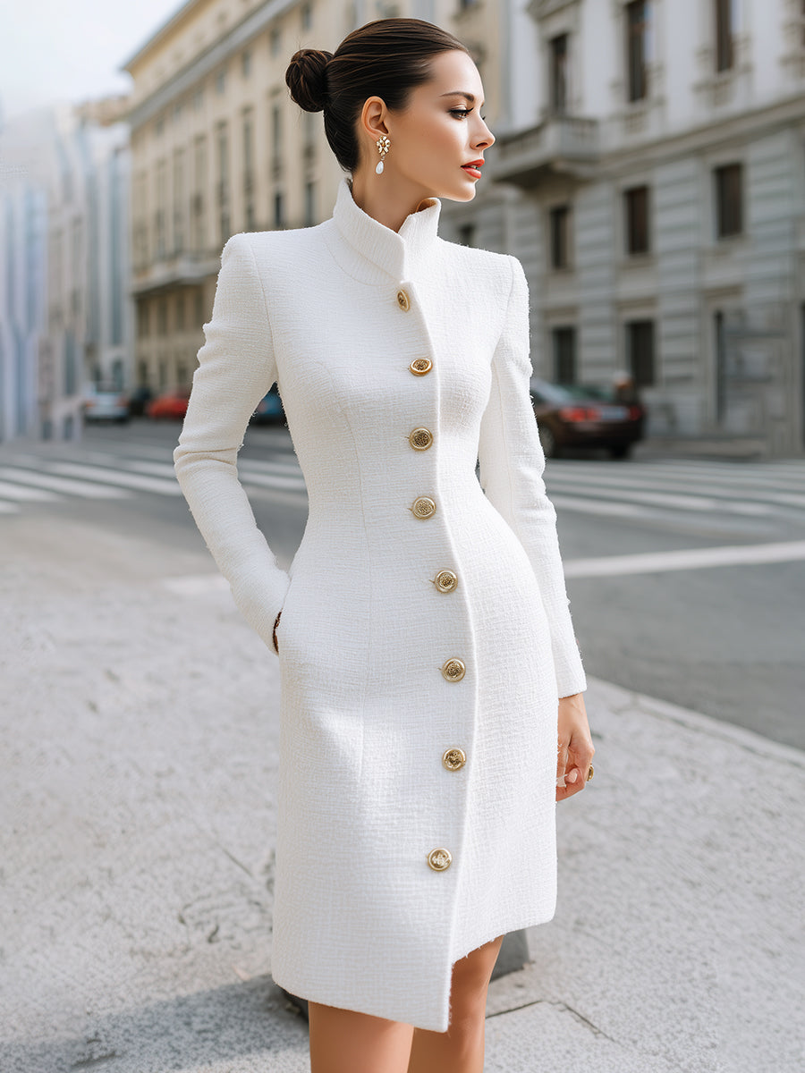 Regal White High-Neck Button Detail - Midi Dress