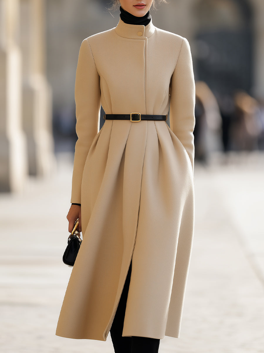 Elegant Beige Belted Tailored Trench - Midi Coat