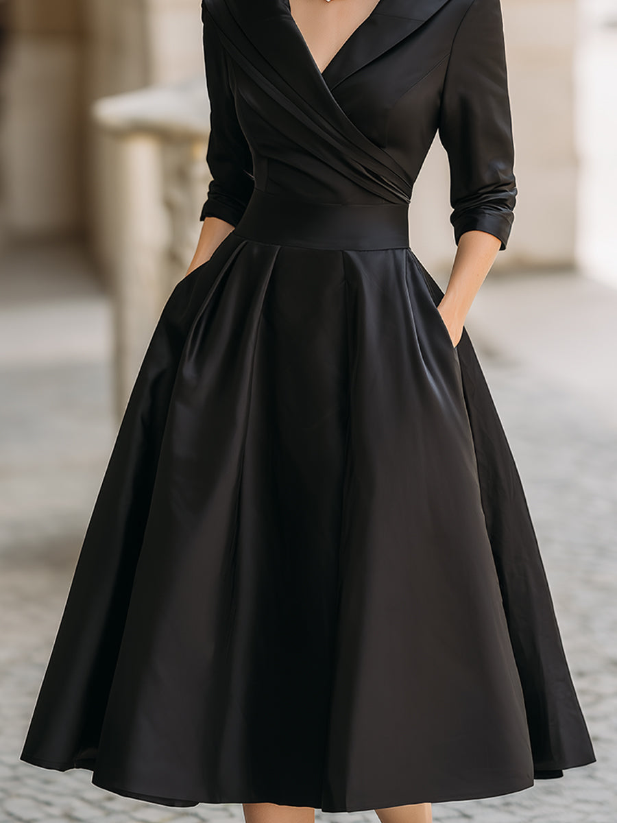 Vintage Satin Draped Collar Elegant Silhouette - Midi Dress