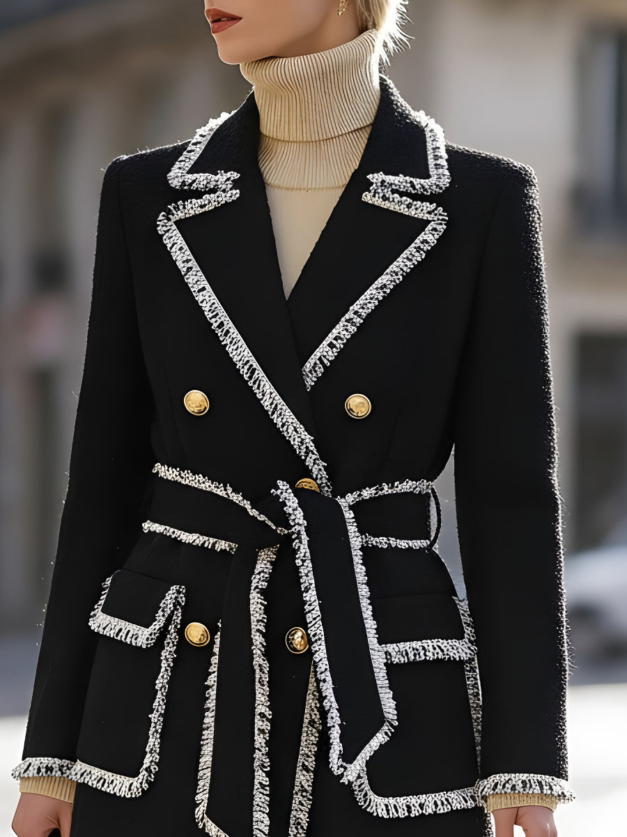 Double-Breasted Tweed with Contrast Fringe Trim - Coat