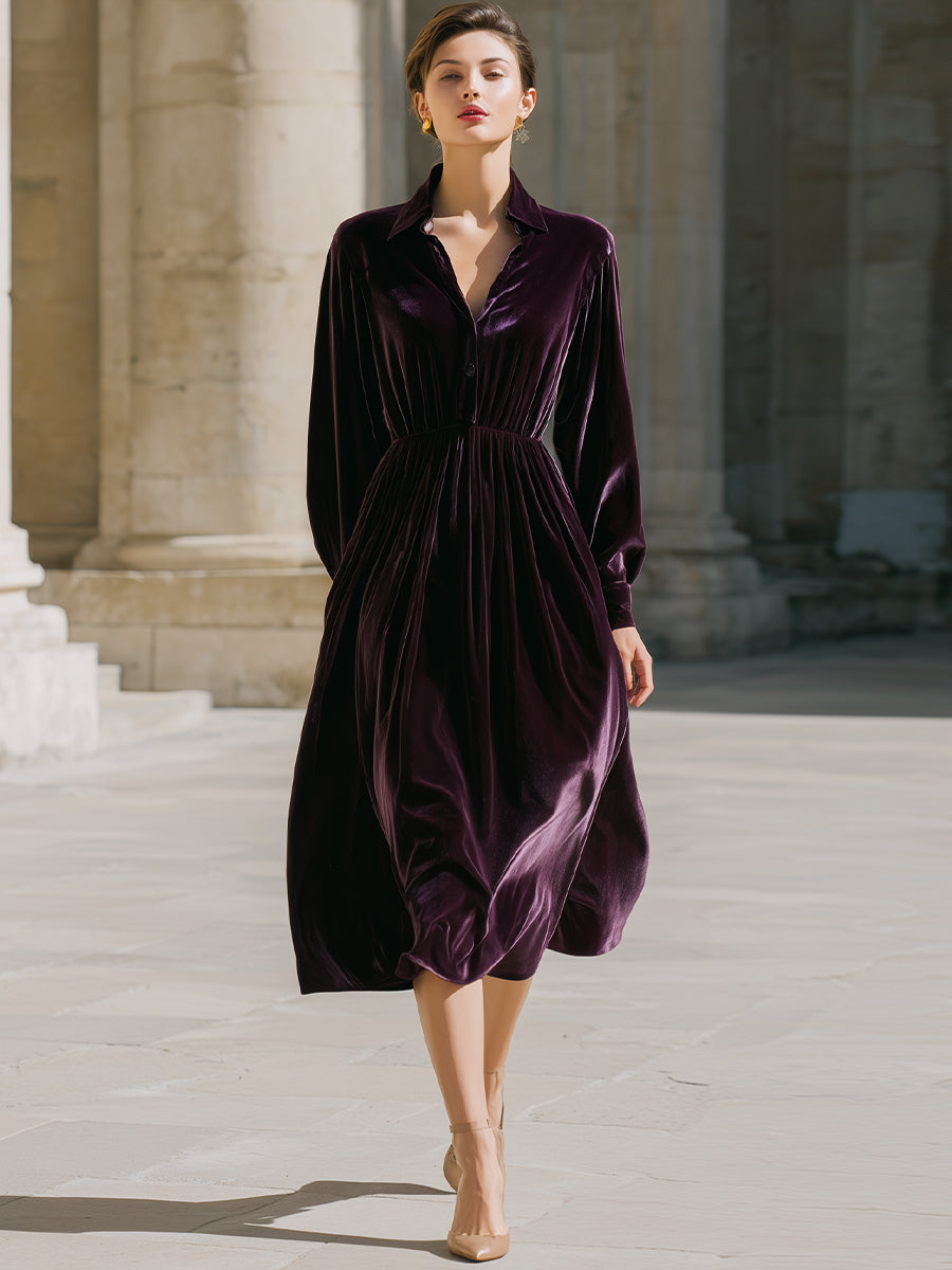Aubergine Velvet Button-Front Shirt Dress - Midi Dress