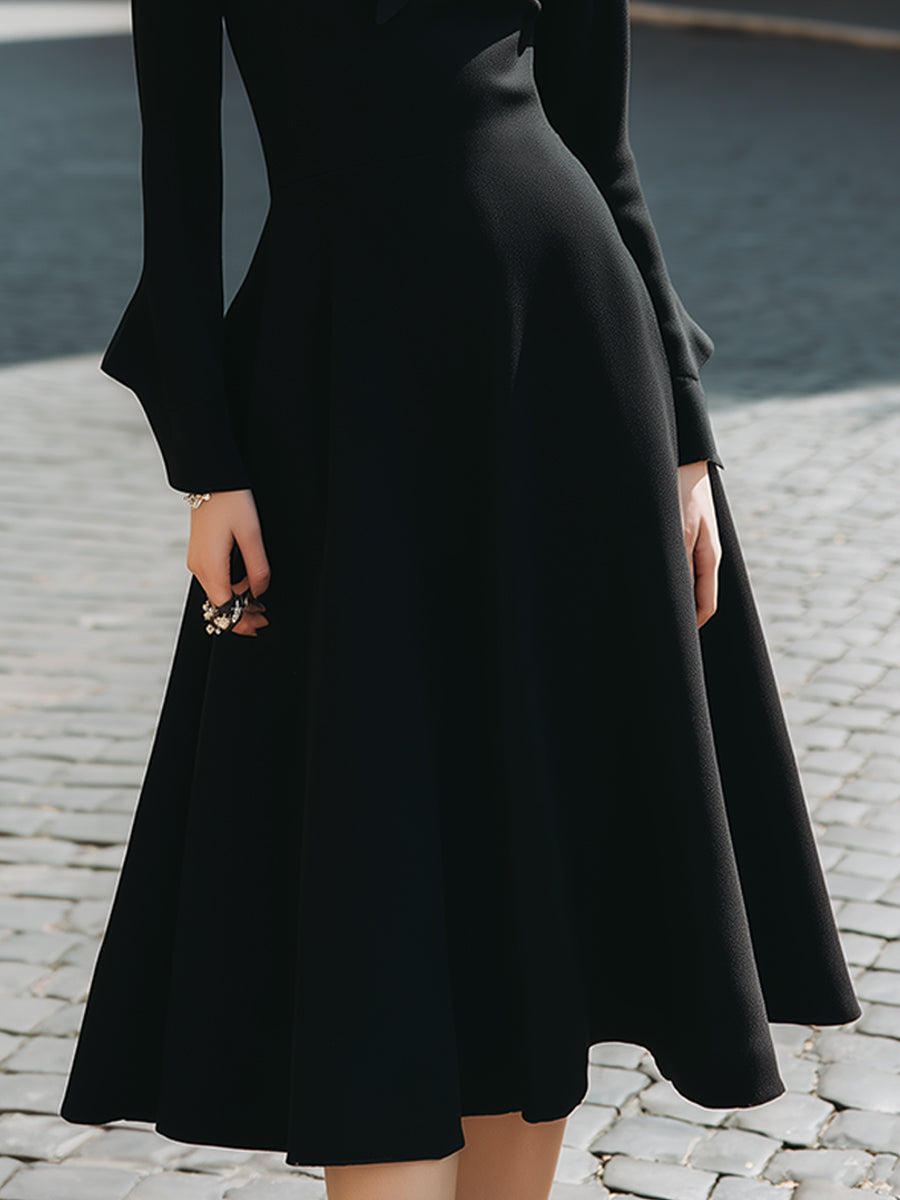 Women's Tie-Neck A-Line, Waist-Defined - Midi Dress