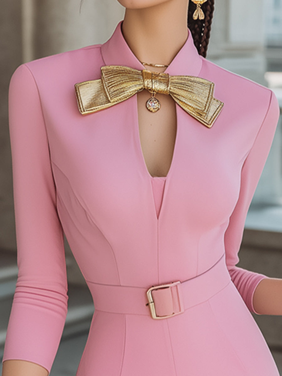 Elegant Bow Collar Pencil Silhouette - Midi Dress