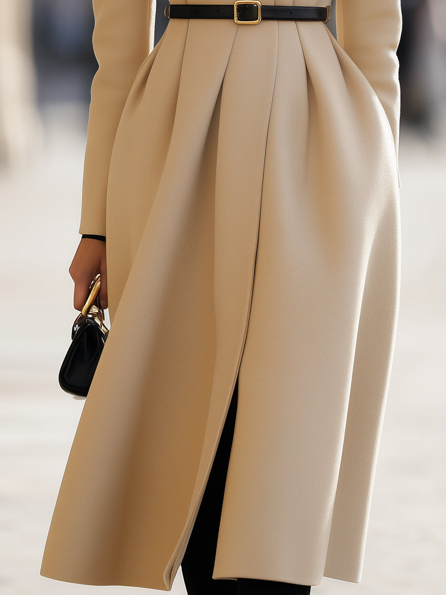 Elegant Beige Belted Tailored Trench - Midi Coat