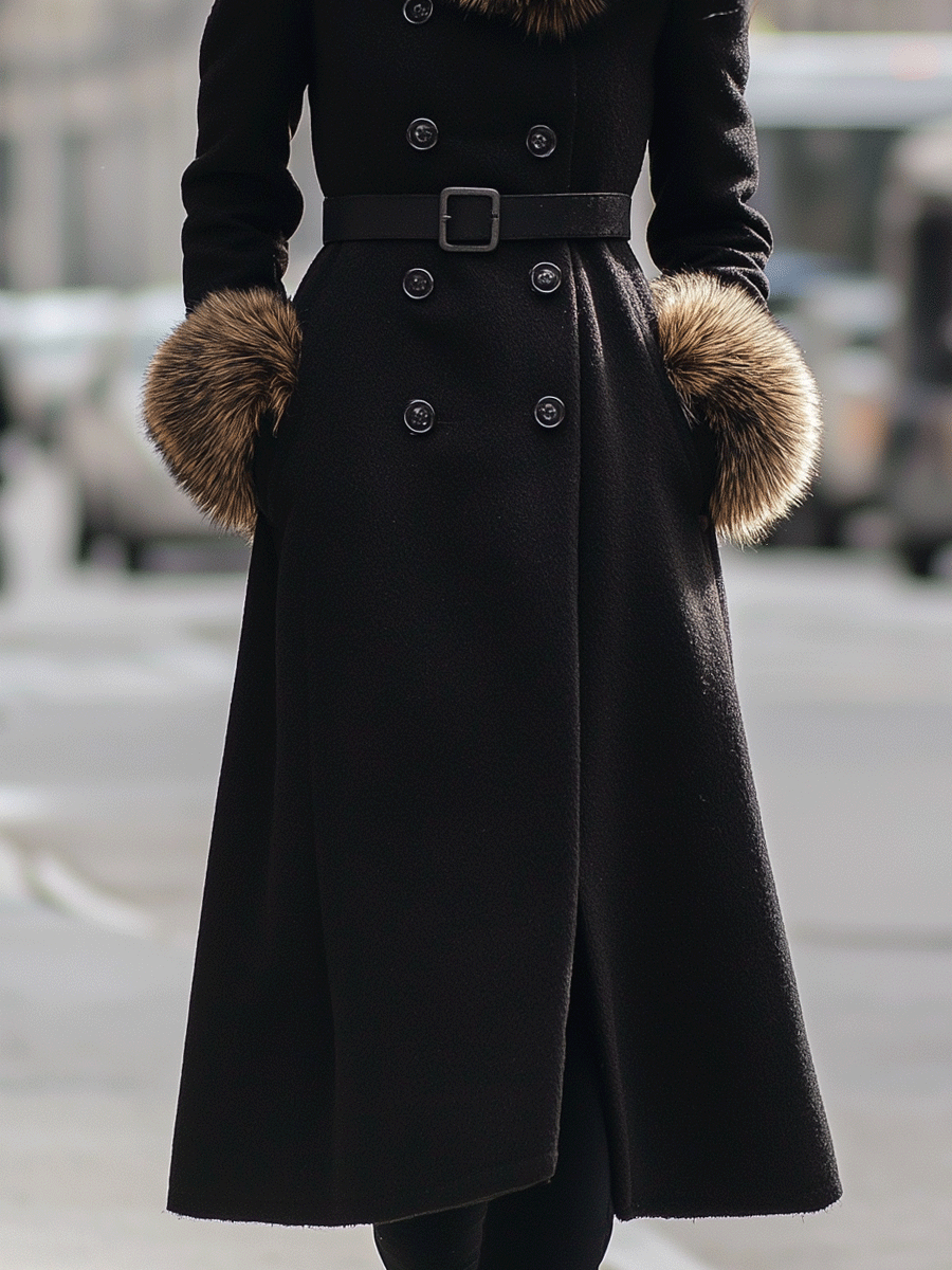 Black Double-Breasted Coat With Faux Fur Collar & Cuffs - Women's Coat