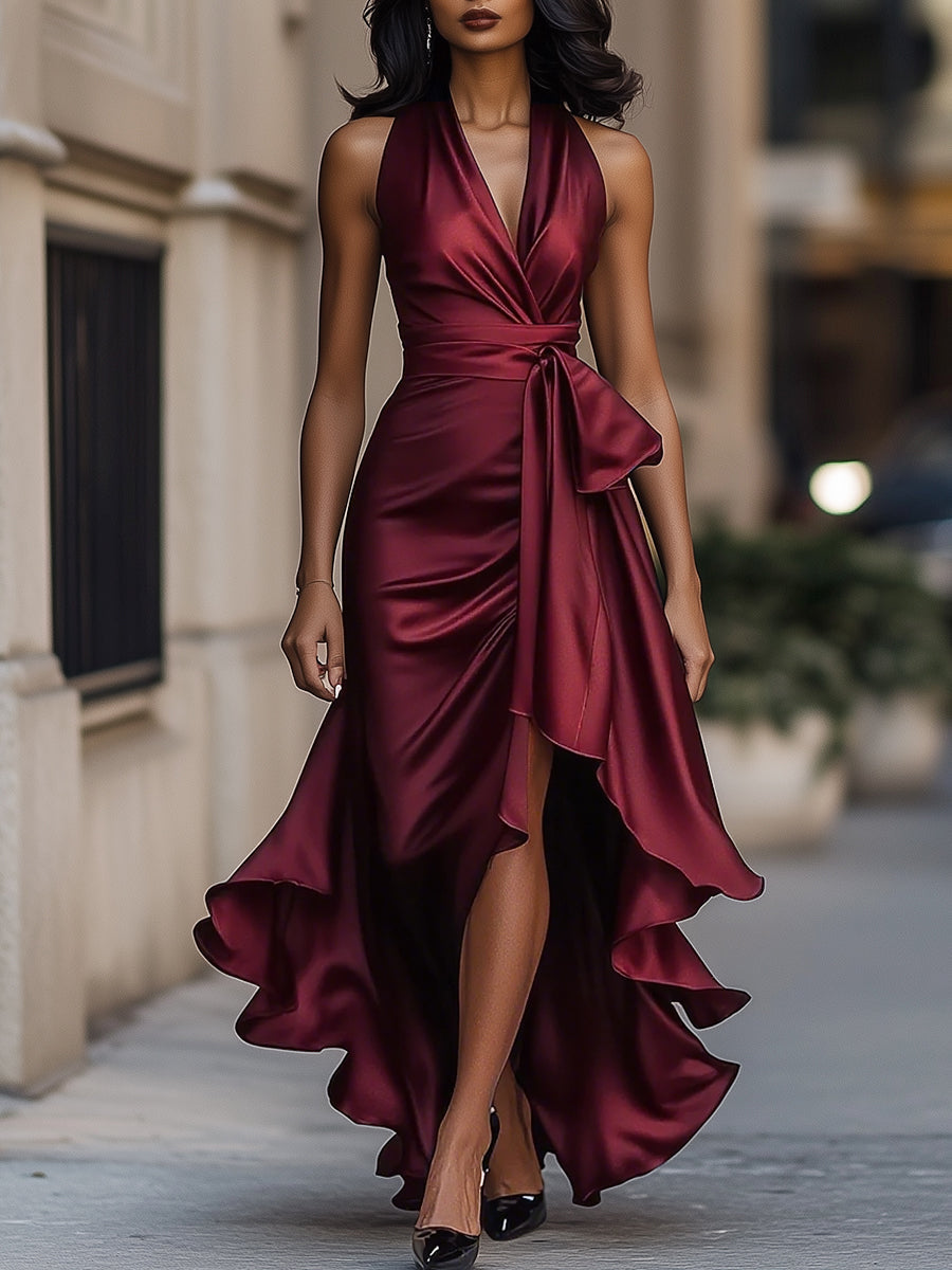 Midnight Satin Halter with Ruffle Detail - Maxi Dress
