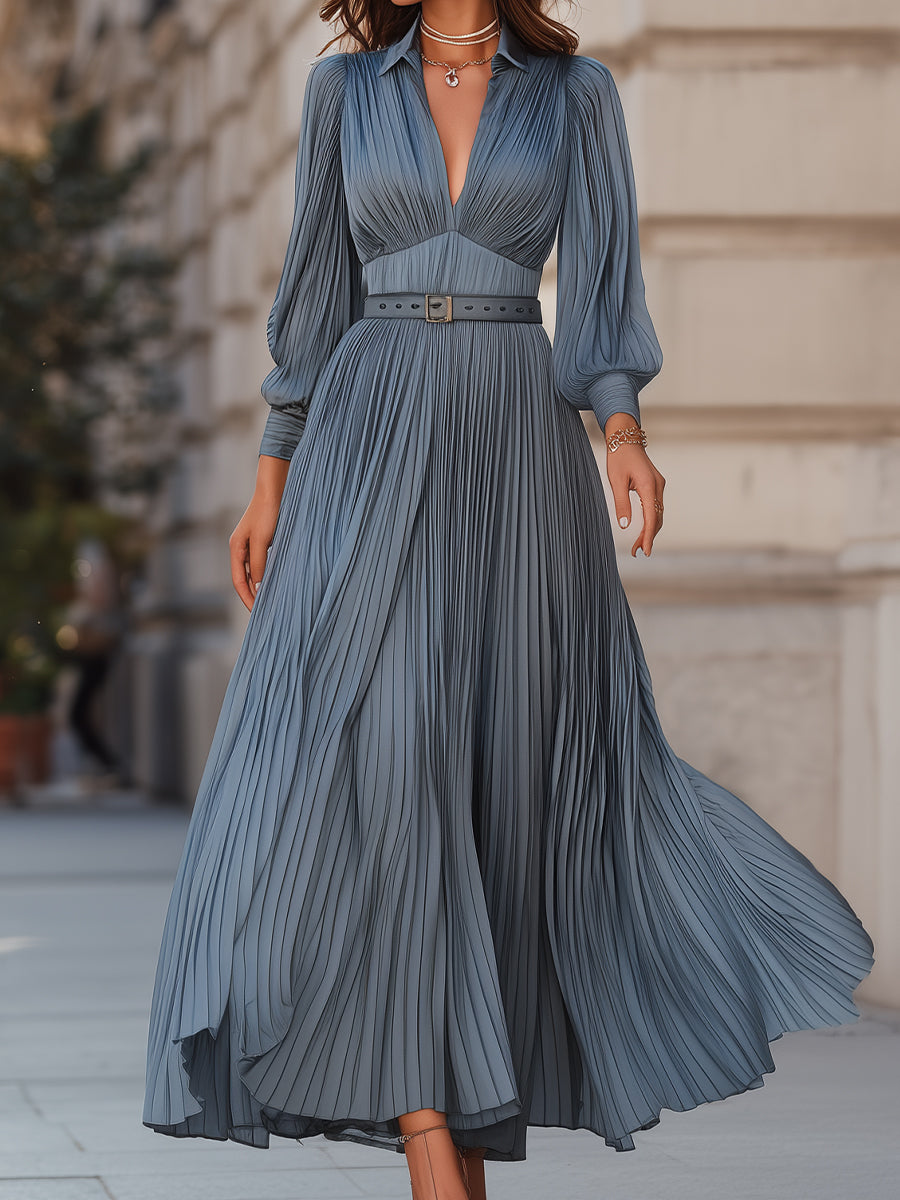 Elegant Steel Blue Pleated A-Line - Midi Dress