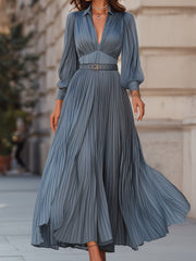 Elegant Steel Blue Pleated A-Line - Midi Dress