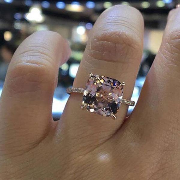 Rose Golden Cushion Cut Engagement Ring with Under Double Halo Shineofdiamond