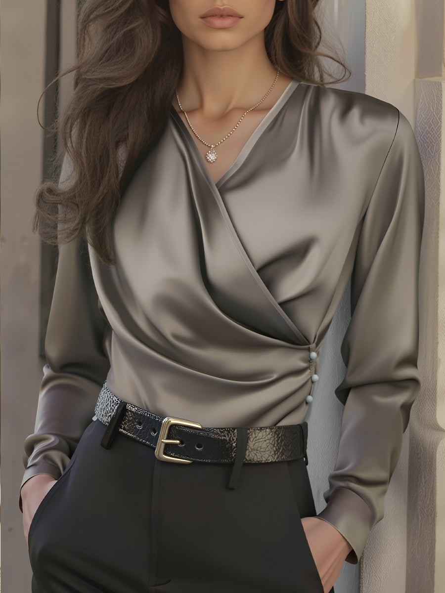 Luxurious Brown Satin Lace-Up V-Neck Tailored Fit - Satin Blouse