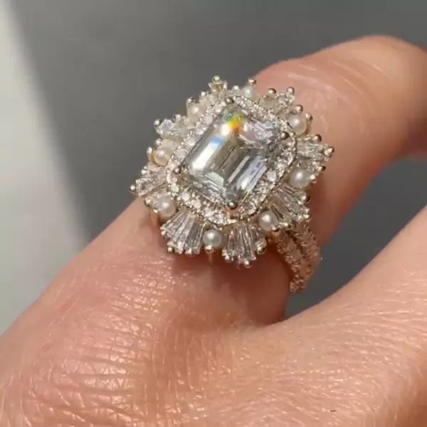 Retro Pearl Decor Emerald Cut Sterling Silver Bridal Set Shineofidamond