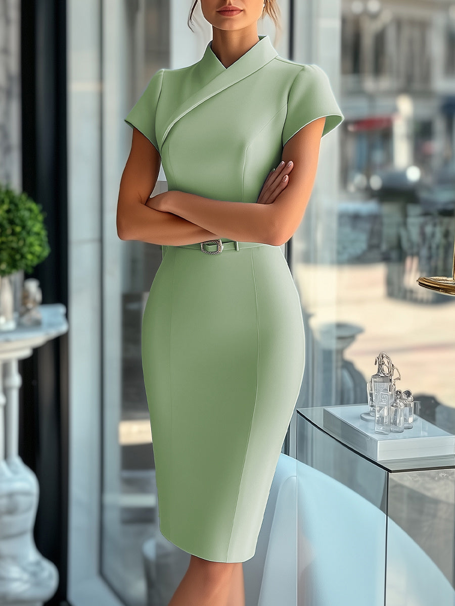 Women's Sky Blue Sleek Asymmetrical Belted Dress - Midi Dress