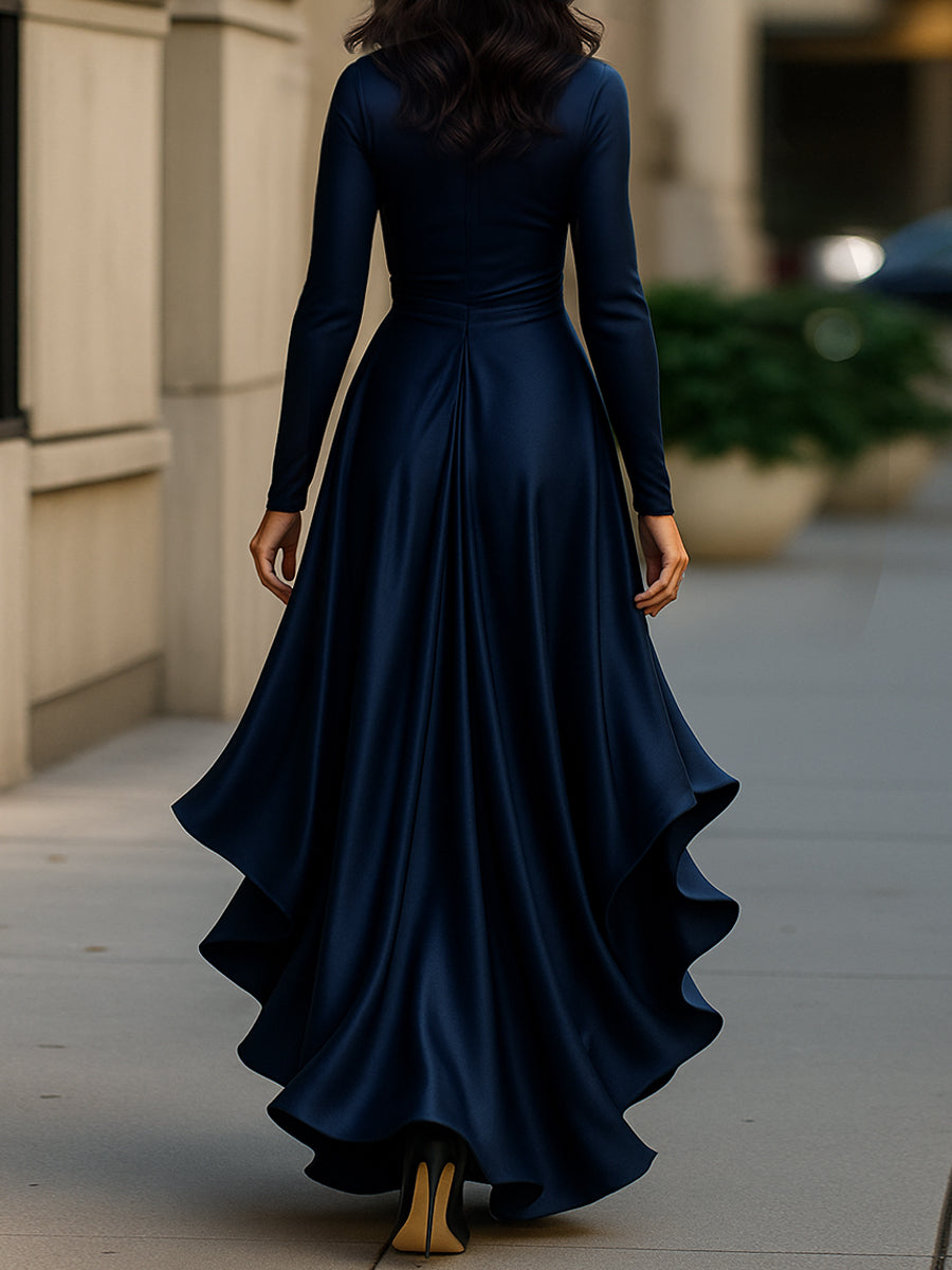 Midnight Blue Draped Satin Ruffle Trim - Maxi Dress