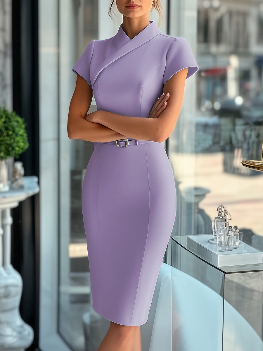 Women's Sky Blue Sleek Asymmetrical Belted Dress - Midi Dress