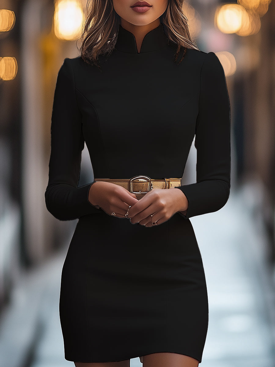 Elegant White Mandarin Collar Belted - Midi Dress